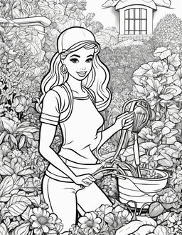 Black and white colouring book page featuring Barbie as a gardener in a lush garden.