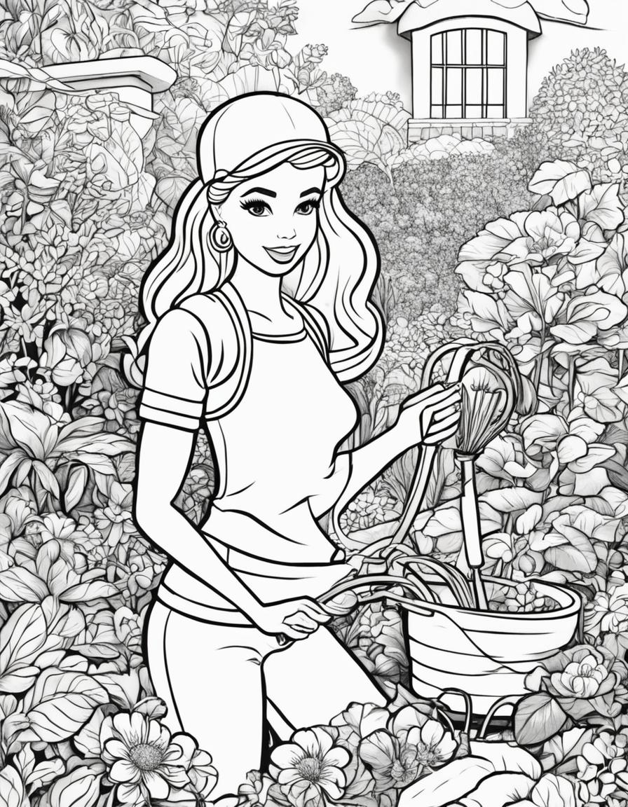 Black and white colouring book page featuring Barbie as a gardener in a lush garden.