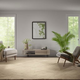 Visualize a cozy yet modern living room, furnished with minimalist furniture, a plush area rug, soft ambient lighting, plants for a touch of greenery, and accented with tasteful artwork.