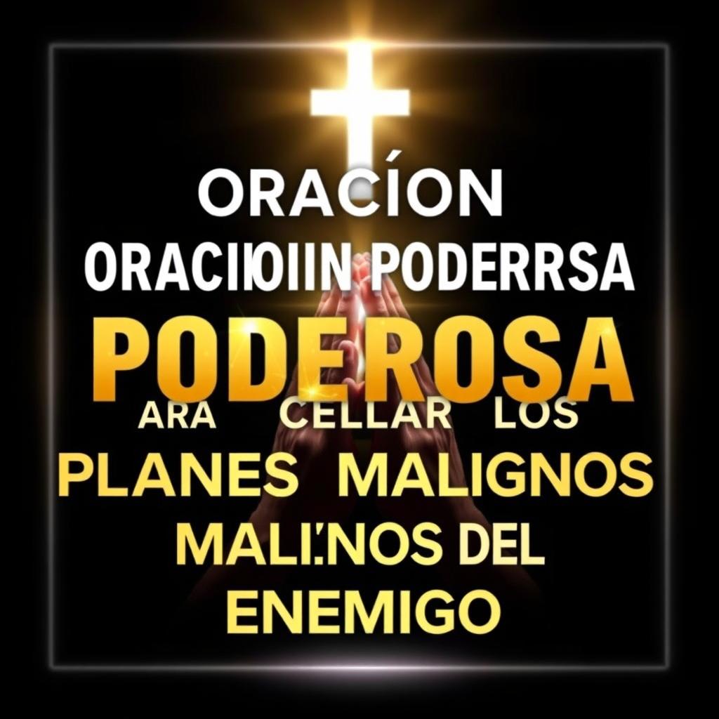 A visually striking thumbnail featuring the title “Oración Poderosa para Cancelar los Planes Malignos del Enemigo” in large, contrasting letters, using white or gold colors against a dark background