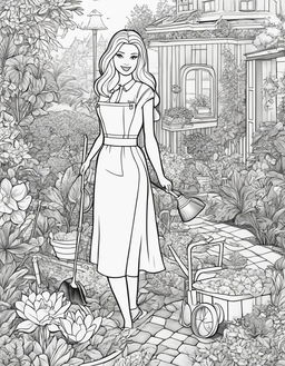 Black and white colouring book page featuring Barbie as a gardener in a lush garden.