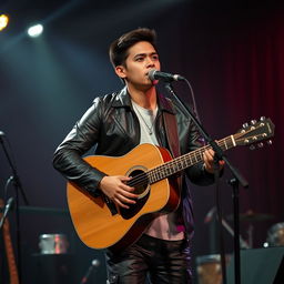 A handsome Indonesian man with a contemplative expression playing an acoustic guitar while singing a sad song