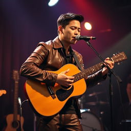 A handsome Indonesian man with a contemplative expression playing an acoustic guitar while singing a sad song