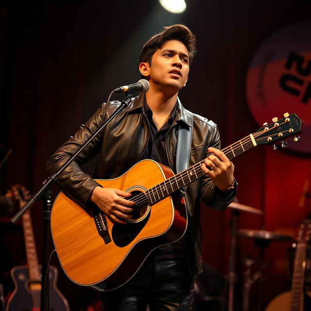 A handsome Indonesian man with a contemplative expression playing an acoustic guitar while singing a sad song