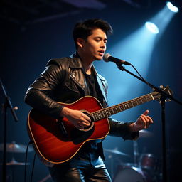 A handsome Indonesian man with a contemplative expression playing an acoustic guitar while singing a sad song