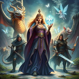 An enchanting scene illustrating a powerful sorceress grasping a magnificent crystal flower, surrounded by her seven companions