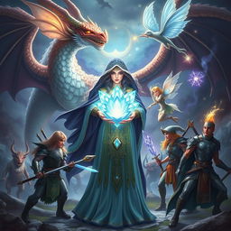 An enchanting scene illustrating a powerful sorceress grasping a magnificent crystal flower, surrounded by her seven companions