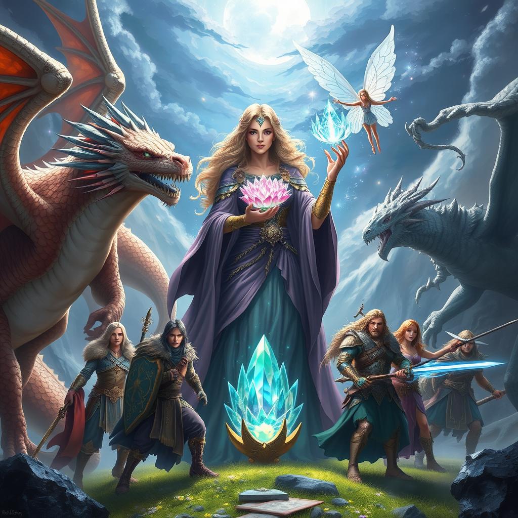 An enchanting scene illustrating a powerful sorceress grasping a magnificent crystal flower, surrounded by her seven companions