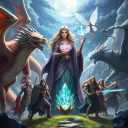 An enchanting scene illustrating a powerful sorceress grasping a magnificent crystal flower, surrounded by her seven companions