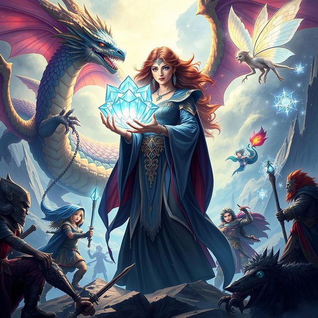 An enchanting scene illustrating a powerful sorceress grasping a magnificent crystal flower, surrounded by her seven companions