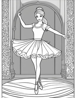 Black and white colouring book page featuring Barbie as a ballet dancer on a stage.