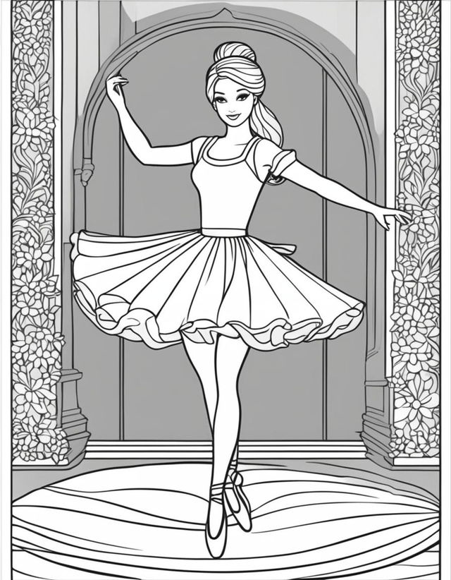 Black and white colouring book page featuring Barbie as a ballet dancer on a stage.