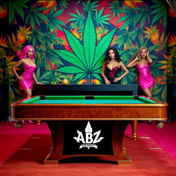 A billiard table prominently featuring the logo of ABZ, set against a colorful marijuana-themed backdrop that celebrates Bob Marley