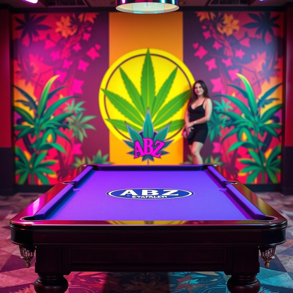 A billiard table prominently featuring the logo of ABZ, set against a colorful marijuana-themed backdrop that celebrates Bob Marley