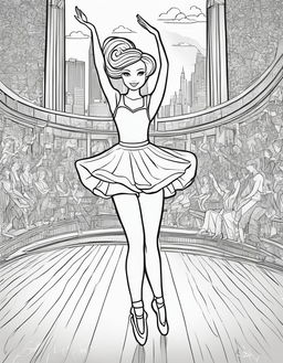 Black and white colouring book page featuring Barbie as a ballet dancer on a stage.