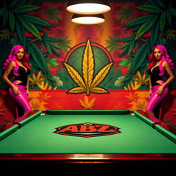 A billiard table prominently featuring the logo of ABZ, set against a colorful marijuana-themed backdrop that celebrates Bob Marley