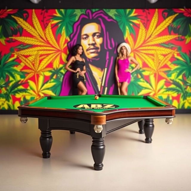 A billiard table prominently featuring the logo of ABZ, set against a colorful marijuana-themed backdrop that celebrates Bob Marley