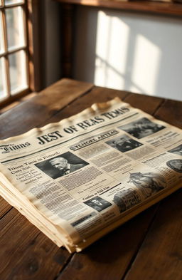 A vintage newspaper lying on a rustic wooden table, showcasing a front page with bold headlines from the early 20th century