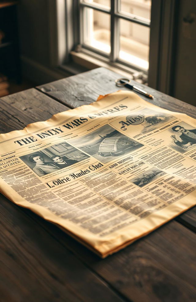 A vintage newspaper lying on a rustic wooden table, showcasing a front page with bold headlines from the early 20th century