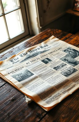 A vintage newspaper lying on a rustic wooden table, showcasing a front page with bold headlines from the early 20th century