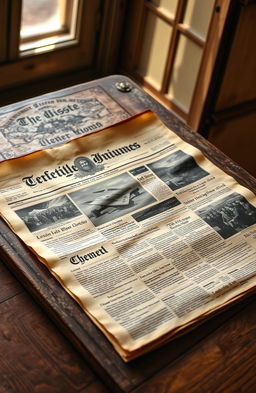 A vintage newspaper lying on a rustic wooden table, showcasing a front page with bold headlines from the early 20th century