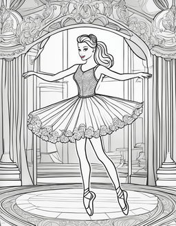 Black and white colouring book page featuring Barbie as a ballet dancer on a stage.