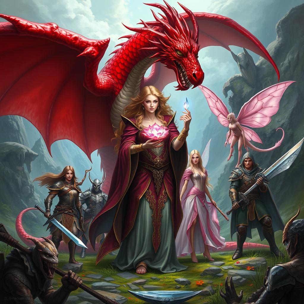 A captivating fantasy scene featuring a powerful sorceress with a stunning crystal flower in her hand, surrounded by her seven companions