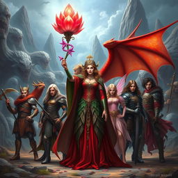 A captivating fantasy scene featuring a powerful sorceress with a stunning crystal flower in her hand, surrounded by her seven companions