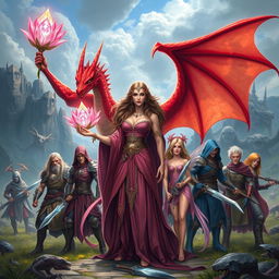 A captivating fantasy scene featuring a powerful sorceress with a stunning crystal flower in her hand, surrounded by her seven companions