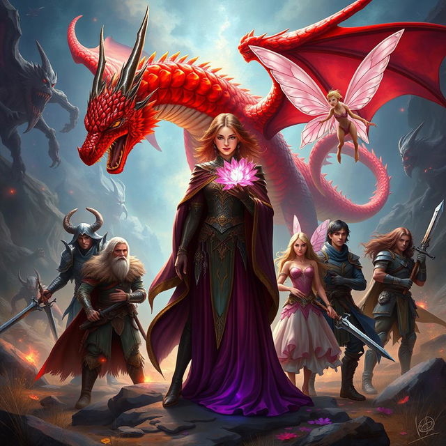 A captivating fantasy scene featuring a powerful sorceress with a stunning crystal flower in her hand, surrounded by her seven companions