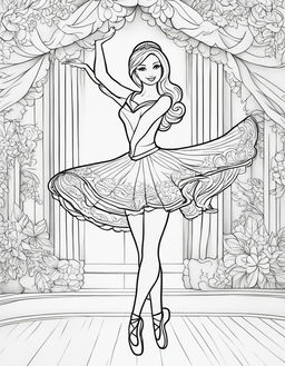 Black and white colouring book page featuring Barbie as a ballet dancer on a stage.