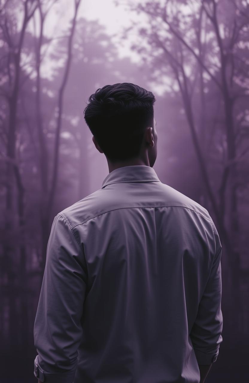 A contemplative scene depicting a modern man with short hair, facing backwards, staring thoughtfully at a serene forest of trees