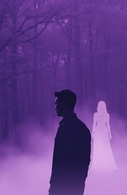 A contemplative scene depicting a modern man with short hair, facing backwards, staring thoughtfully at a serene forest of trees