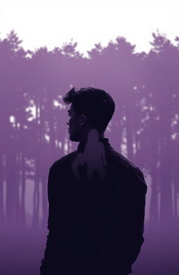 A contemplative scene depicting a modern man with short hair, facing backwards, staring thoughtfully at a serene forest of trees