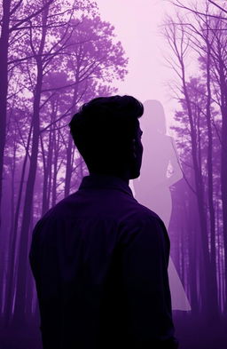 A contemplative scene depicting a modern man with short hair, facing backwards, staring thoughtfully at a serene forest of trees
