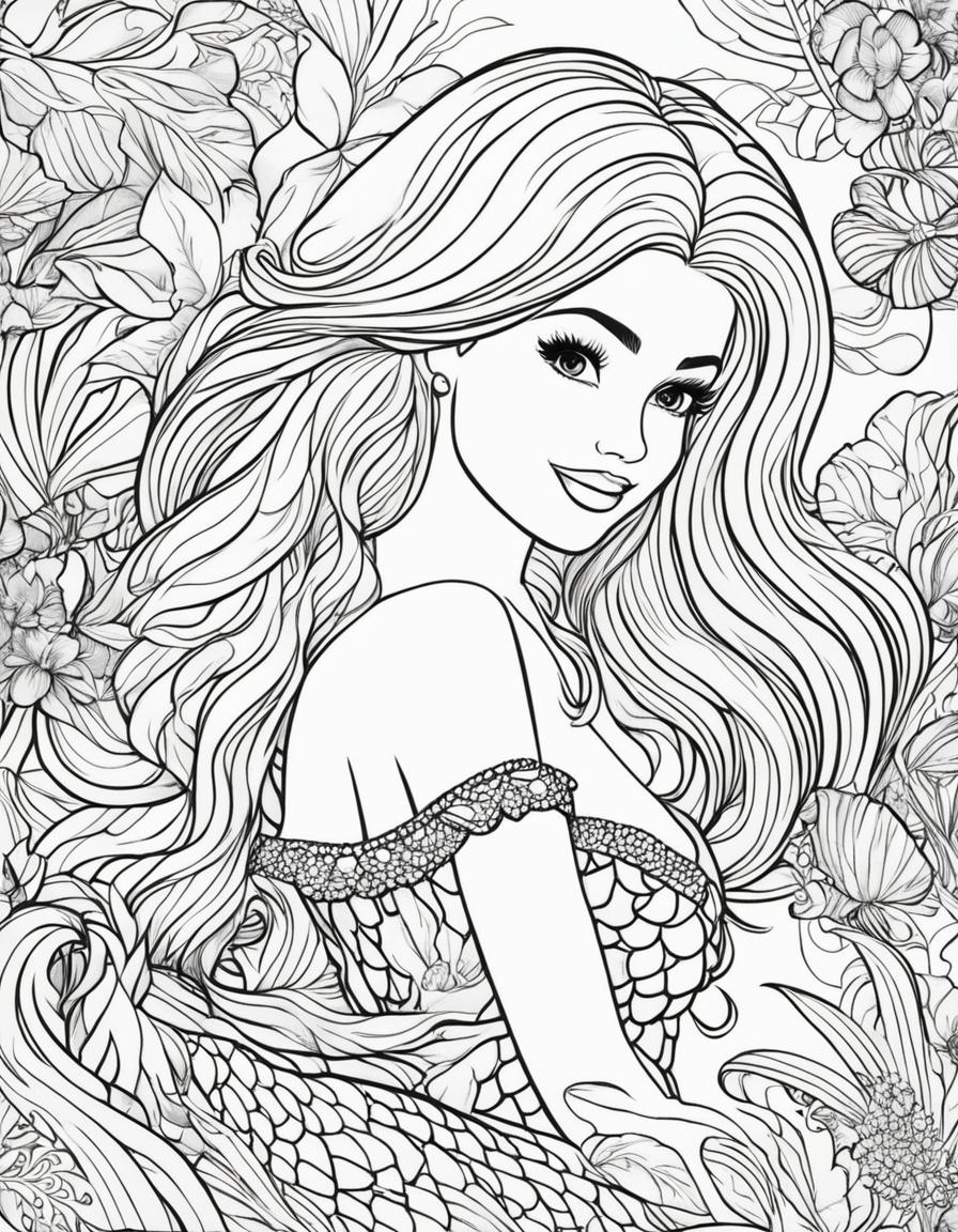 Black and white colouring book page featuring Barbie as a mermaid under the sea.