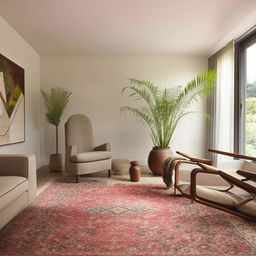 Visualize a cozy yet modern living room, furnished with minimalist furniture, a plush area rug, soft ambient lighting, plants for a touch of greenery, and accented with tasteful artwork.