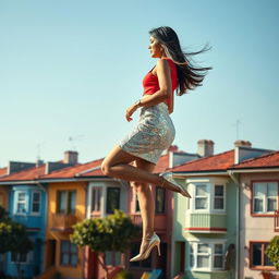 An enchanting side view of an Indian aunty levitating gracefully above a row of colorful houses