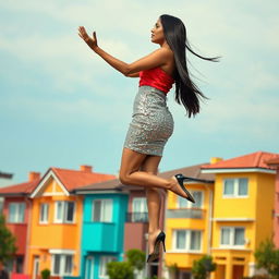 An enchanting side view of an Indian aunty levitating gracefully above a row of colorful houses