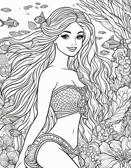 Black and white colouring book page featuring Barbie as a mermaid under the sea.