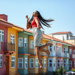 An enchanting side view of an Indian aunty levitating gracefully above a row of colorful houses