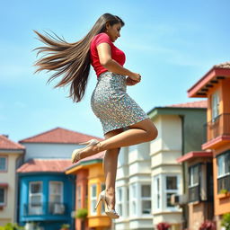 An enchanting side view of an Indian aunty levitating gracefully above a row of colorful houses
