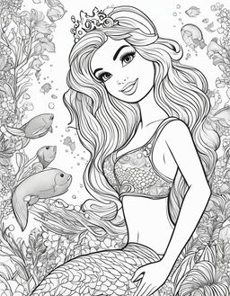 Black and white colouring book page featuring Barbie as a mermaid under the sea.