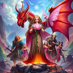 A captivating fantasy illustration featuring a powerful sorceress holding an exquisite crystal flower, surrounded by her seven companions