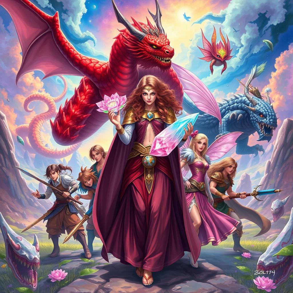 A captivating fantasy illustration featuring a powerful sorceress holding an exquisite crystal flower, surrounded by her seven companions