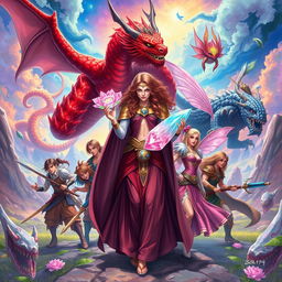 A captivating fantasy illustration featuring a powerful sorceress holding an exquisite crystal flower, surrounded by her seven companions