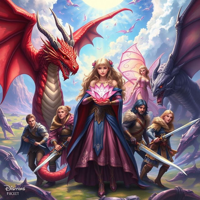 A captivating fantasy illustration featuring a powerful sorceress holding an exquisite crystal flower, surrounded by her seven companions