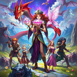 A captivating fantasy illustration featuring a powerful sorceress holding an exquisite crystal flower, surrounded by her seven companions