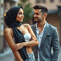 A stunning woman wearing a hijab, posing confidently without a top, showcasing her elegance and grace