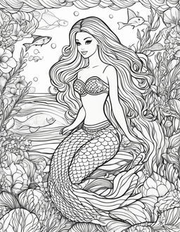 Black and white colouring book page featuring Barbie as a mermaid under the sea.